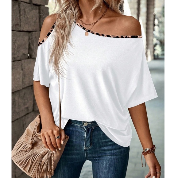Leopard Print One Shoulder Oversized Short Sleeve Top - Picture 1 of 6